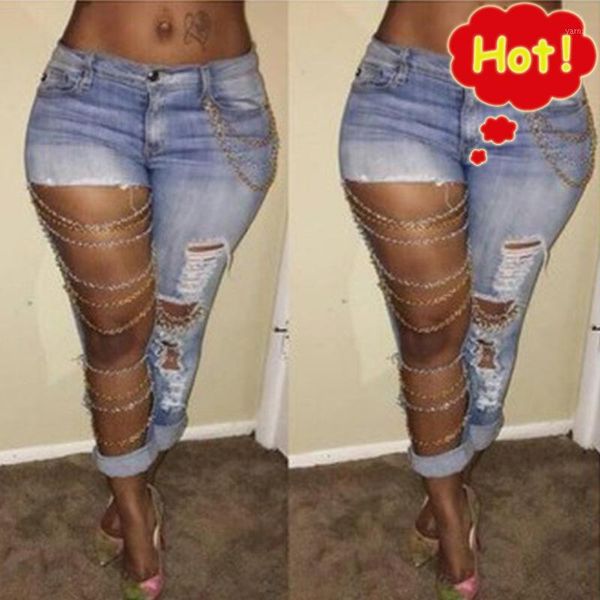

leggings elastic cotton exaggerated big holes high waist jeans casual trousers skinny pencil pants female ankle jeans g3p71, Blue