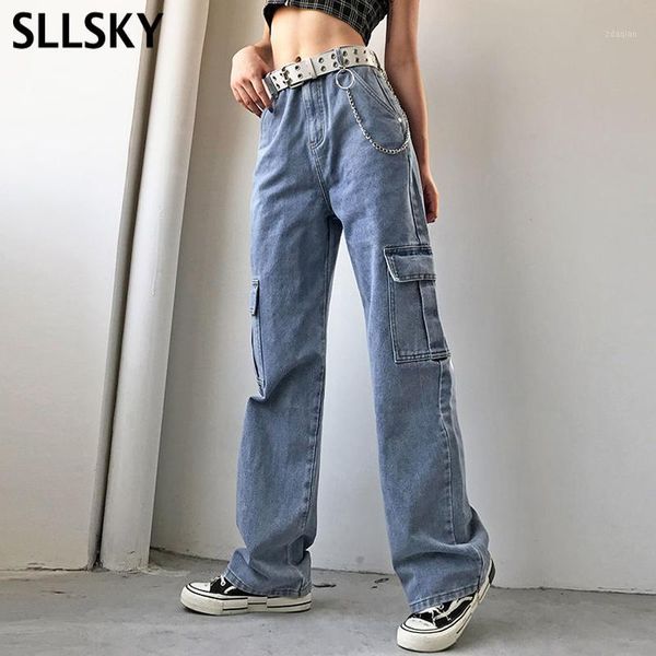

women's jeans sllsky pockets patchwork high waist women streetwear straight denim full length trouses vintage loose female belt jeans1, Blue