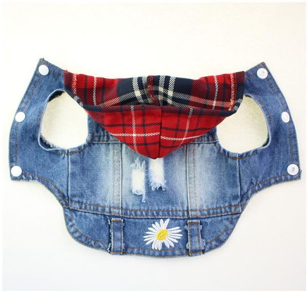 

water wash old jean small dog clothes puppy dog jacket vest cowboy pet coat hole daisy embroidered clothing red plai bbypdo