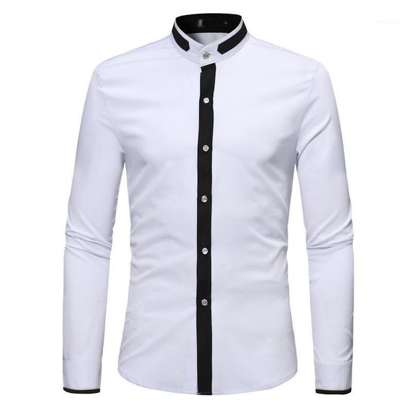 

men's hipster banded collar dress shirts 2020 autumn new slim fit long sleeve chemise homme casual constrast color shirt male1, White;black