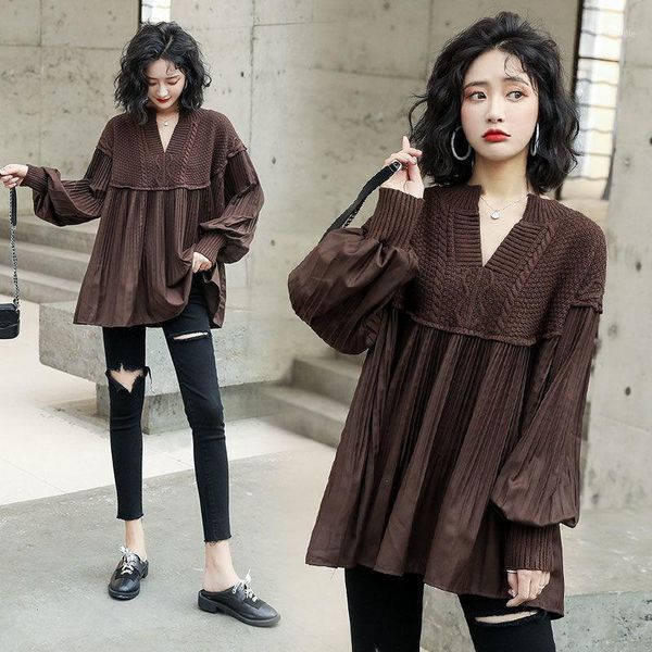 

women knit splice sweater 2020 new spring and autumn clothing korean style loose knitted women's retro pleated hem blouse1, White;black