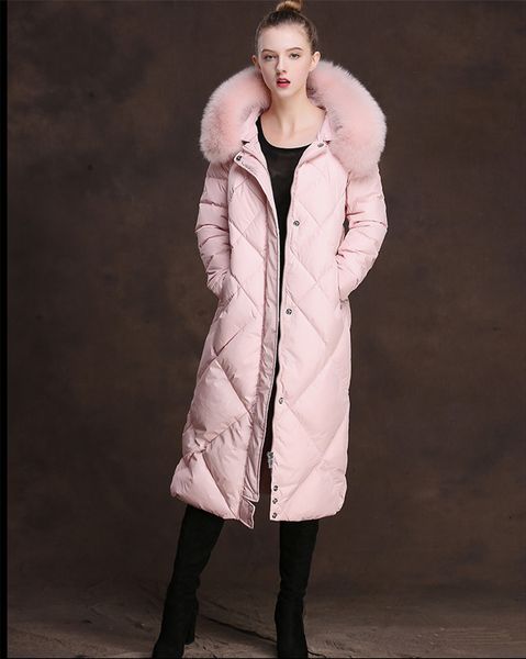 

2021 new female fox fur collar white duck down winter coat with hood padded jackets parkas long wxf422 b1ke, Black
