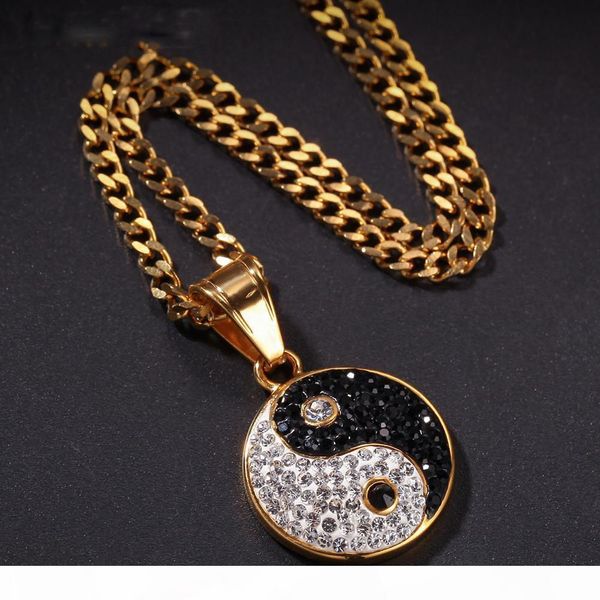 

14k gold iced out rhinestone stainless steel solid black and white yin yang tai chi gossip pendant necklace, Silver