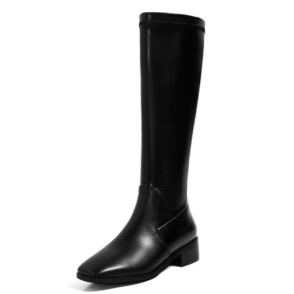 

square toe low heel flat knee boots cowhide comfortable soft breathable side zipper boots capable of women's shoes, Black