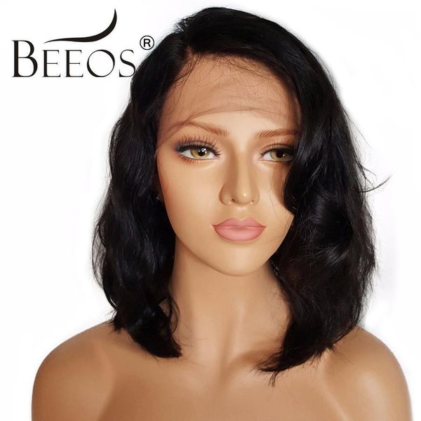 

beeos short lace front human hair wigs with baby hair non remy 130% density brazilian pre plucked lace wigs average cap 22-22.5, Black