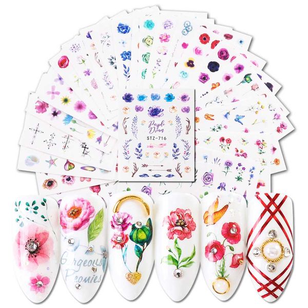 

1pcs flower butterfly nail stickers adheisive slider leaf colorful nail decals charms watermark transfer tattoo tip jistz707-730, Black