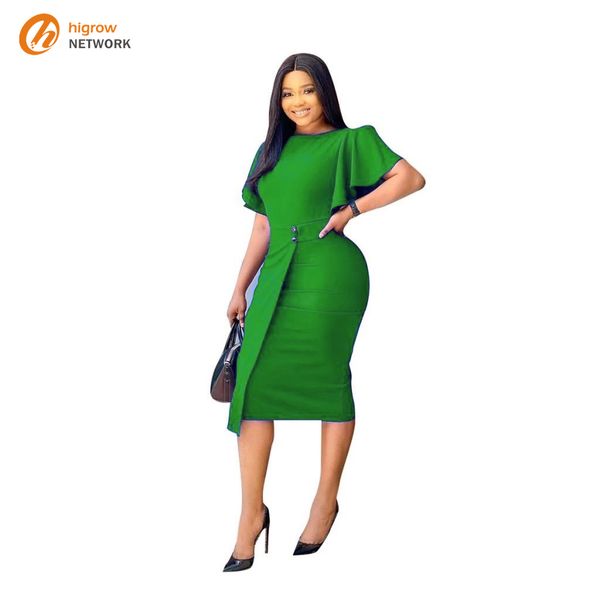 

plus size women summer lotus bell sleeve short sleeve slit tight bandage professional dress crew neck mermaid knee length dresses, White;black