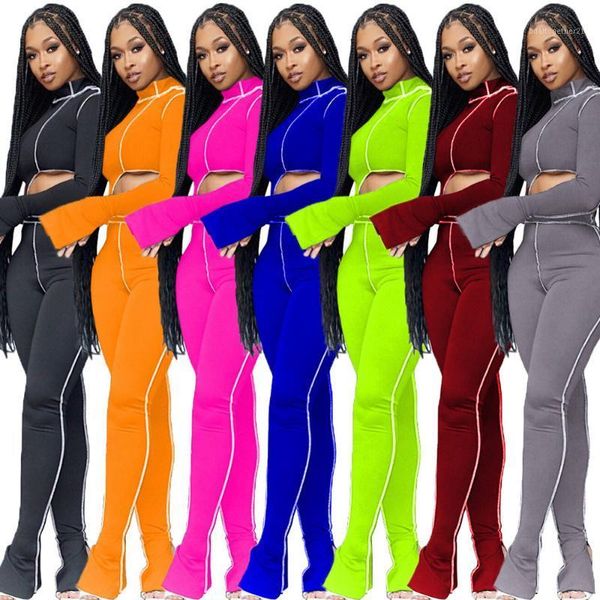 

women's tracksuits elastic hight fitness tracksuit two piece set women high neck long sleeve asymmetry split hem pant skinny streetwear, Gray