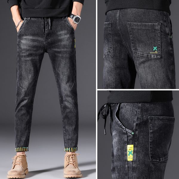 

2021 autumn 20 winter new male style casual fashion brand elasticity printed fine adjustment trend jeans 4mq8, Blue