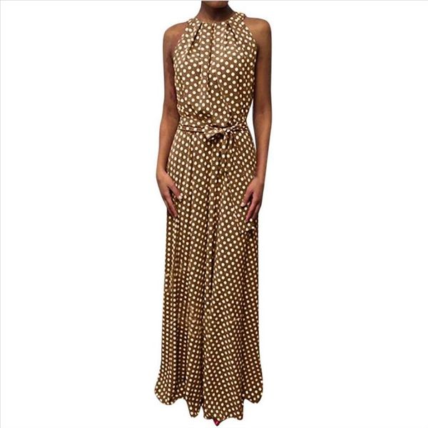 

fashion women sleeveless polka dot print belt halter party banquet maxi dress drop shipping good quality, Black;gray