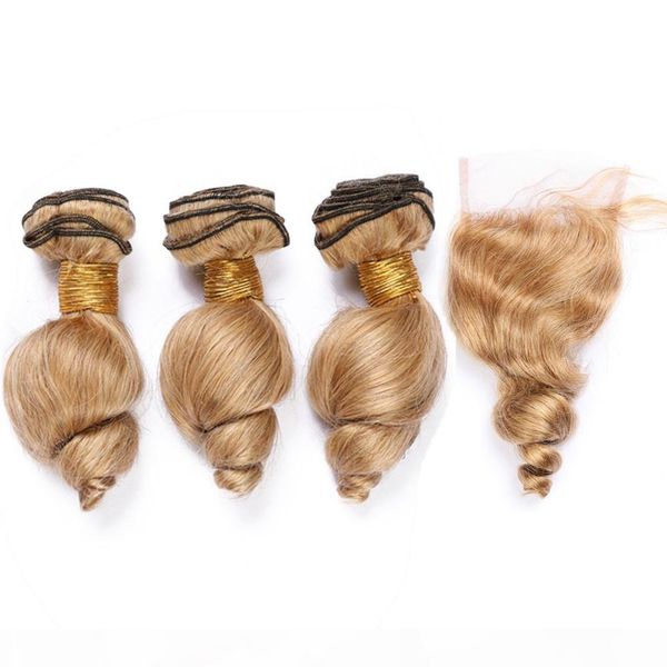 

#27 honey blonde malaysian human hair weave bundles with closure loose wave strawberry blonde virgin hair extensions with lace closure 4x4, Black