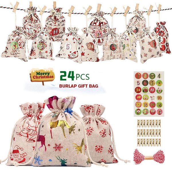 

24pcs advent calendar countdown bag hanging candy gift sacks with clips stickers rope home christmas decoration
