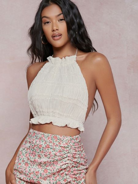 

sxy ruched ruffled open-back self-tie halter r5uq#, White