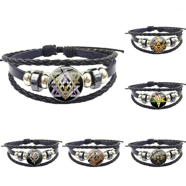 

secret society ason masonic symbol for christmas gift glass cabochon black leather bracelet bangle1, Golden;silver