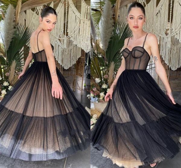 

new arrival black dotted tulle prom dress a-line spaghetti straps ankle length formal party evening gown vestidos de fiesta robe soriee