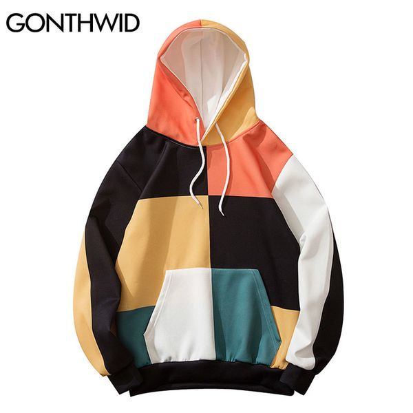 

color block patchwork thin hooded sweatshirts streetwear mens hip hop harajuku fashion casual coats outwear male, Black