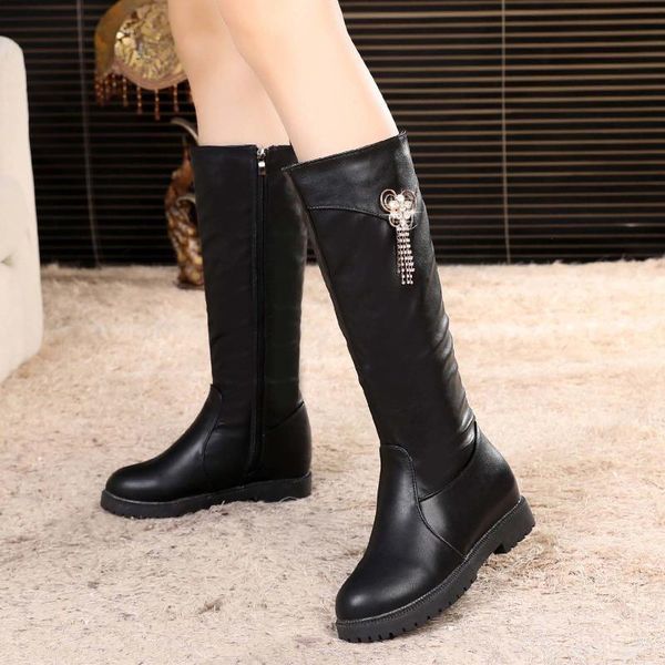 

zipper women riding boots inner heightening plus fleece women motorcycles boots knee-high female long, Black
