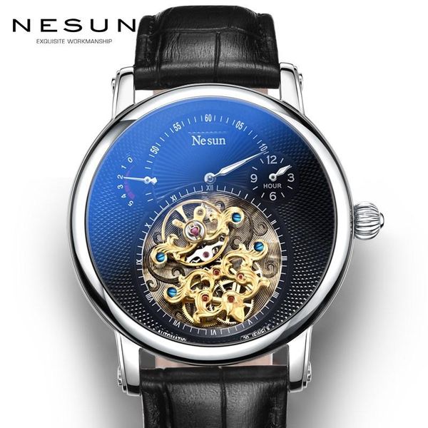 

wristwatches switzerland nesun hollow tourbillon watch men automatic mechanical men's watches sapphire waterproof clock n9081-3, Slivery;brown