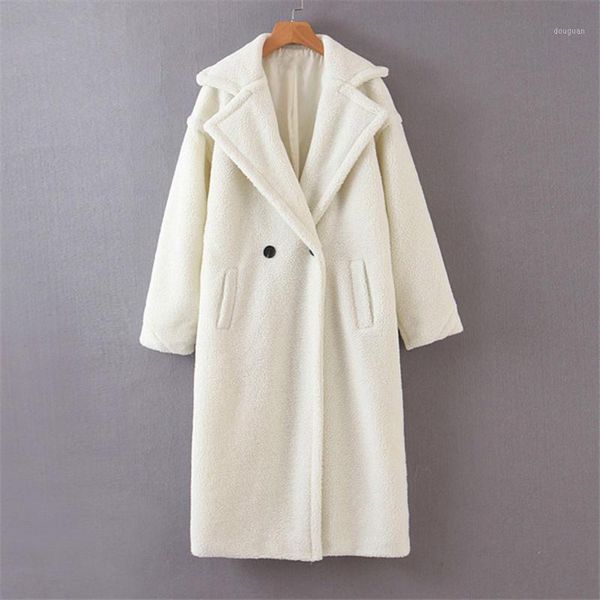 

western style overcoat autumn winter fashion temperament loose pocket lambswool two buttons lapel long sleeve1, Black