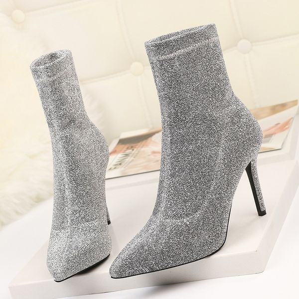 

seggnice women sock boots high heel shoes thin heels booties woman fashion autumn winter ankle sequin boots sock t200425, Black