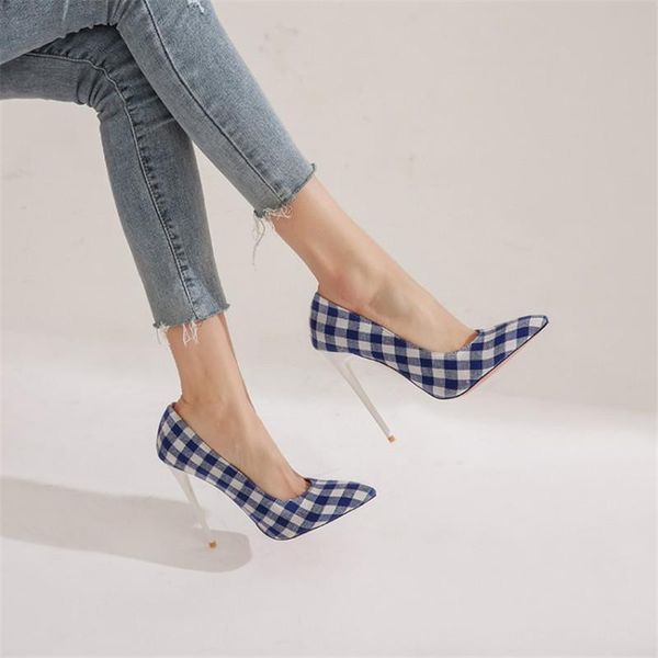 

dress shoes pxelena 2021 spring fashion thin high heels plaid elegant sweet pointe toe stiletto pumps office lady party plus size 45, Black