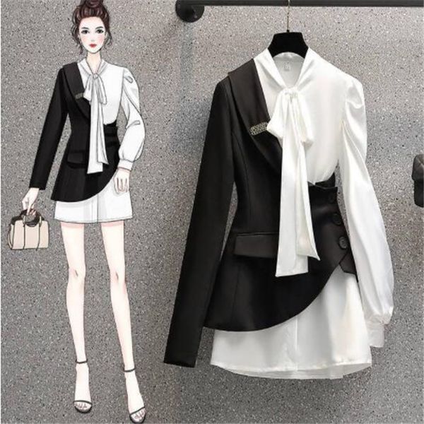 Plus Size Damen Kleider New Office Lady Fashion Design Asymmetrie Schal Kragen Hemd Kleid Anzug