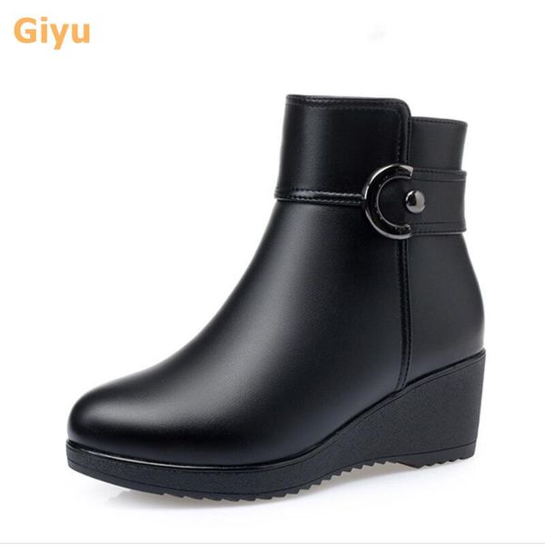 

2020 new winter boots genuine leather wedge heel women's ankle boots plus size black wool booties non-slip mom's cotton shoes