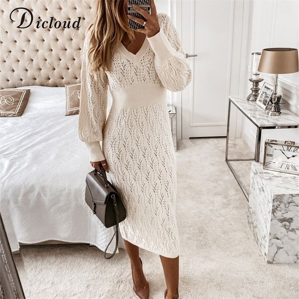 DICLOUD Beige Pullover Kleid Frau Herbst Elastische Langarm V-ausschnitt Elegante Hohl Midi Party Kleider Gestrickte Mode 220311