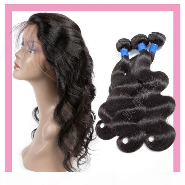 

indian human hair mink body wave 3 bundles with 360 lace frontal adjustable band lace frontal with bundles natural color 8-28inch, Black;brown