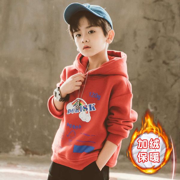 

2020 children's plush hooded sweater winter korean casual pullover boys' and girls' printed warm top, Black
