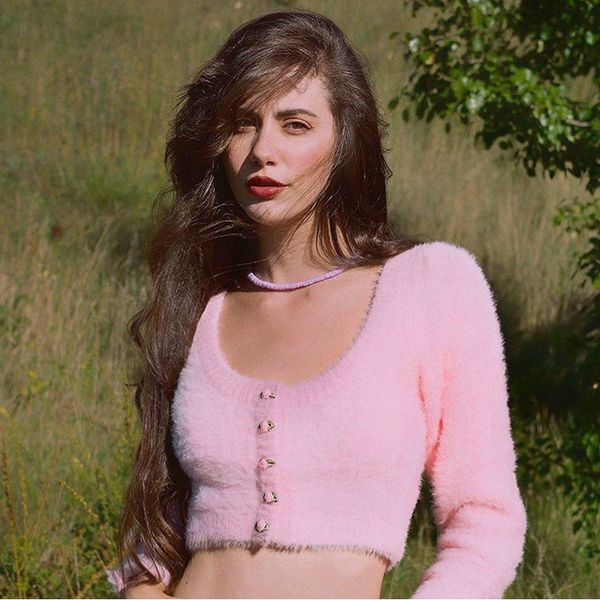

2021 new sweet pink sweaters thin women cut cardigan fuzzy around the neck apply cover buttons forlove autumn women's clothes put9, White;black