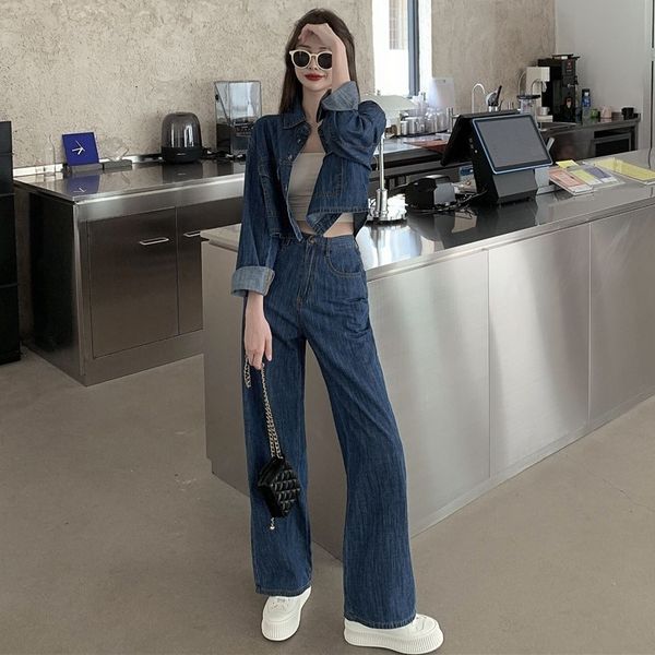 

2020 autumn new denim + high waist straight tube jeans pants two piece set of fashion suit for women