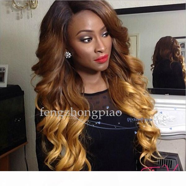 

fashion long dark roots brown body wave synthetic lace front wig ombre heat resistant fiber hair women wigs, Black