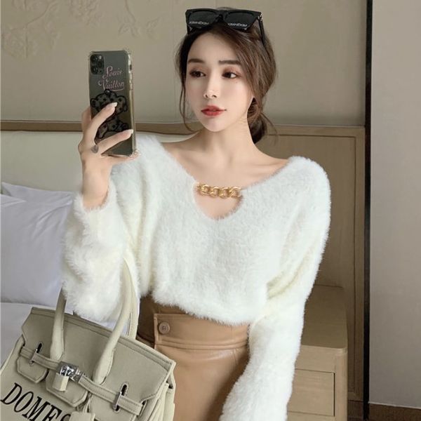 

new temperament v-neck chain t-shirt in autumn 2020 sweater short imitation sable hair jacket long sleeve women's wear