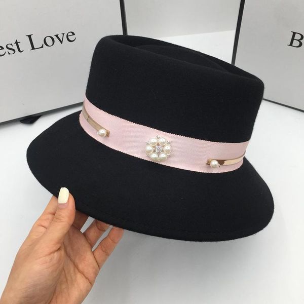 

wide brim hats in the spring and autumn winter wool bucket hat for women basin of concave convex cap female pearl, Blue;gray