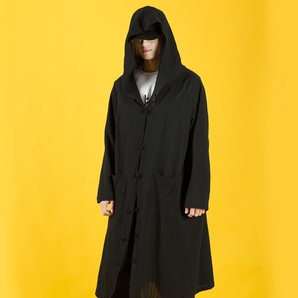 

hooded long linen breathable cape yuan wei dark wind men's windbreaker chinese cotton loose buckle tang suit, Tan;black