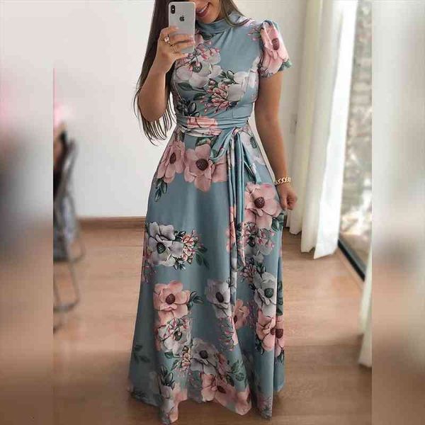 

autumn casual dress women short sleeve printed dresses o neck bandage belt maxi dress vestidos female irregular robe, Black;gray
