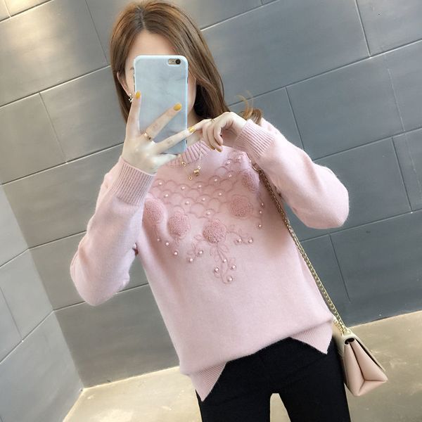 

2021 o-neck solid color sweater women autumn winter new loose thick warm pullovers beading knitwear female knitting y584 vtyv, White;black