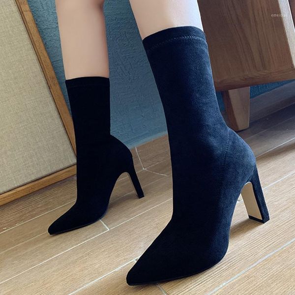 

women winter mid calf boots woman flock pointed toe slip on comfort shoes casual female stretch fabric boot 2020 spring autumn1, Black