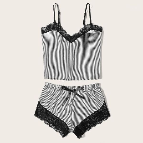 

women striped two-piece lace sleepwear lace floral v neck sleeveless lingerie +nightwear shorts women pajamas sets1, Black;red