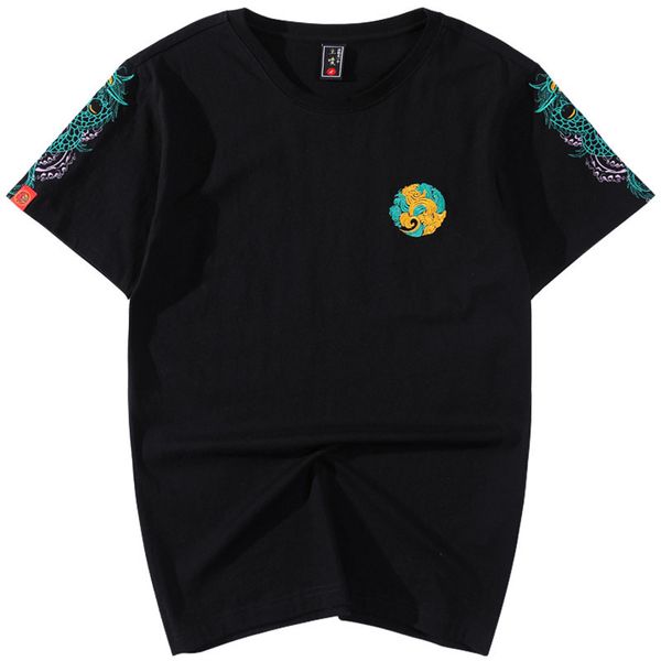 

2021 new summer dragon men embroidered chinese casual shirt cotton short sleeve upper neck t of vintage male fashion b0qa, White;black