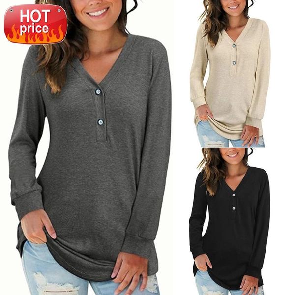 

women blouses solid color v neck buttons long sleeve blouse mid-length loose woman fashion 2021elegant street wear ropa de mujer #4g5y, White