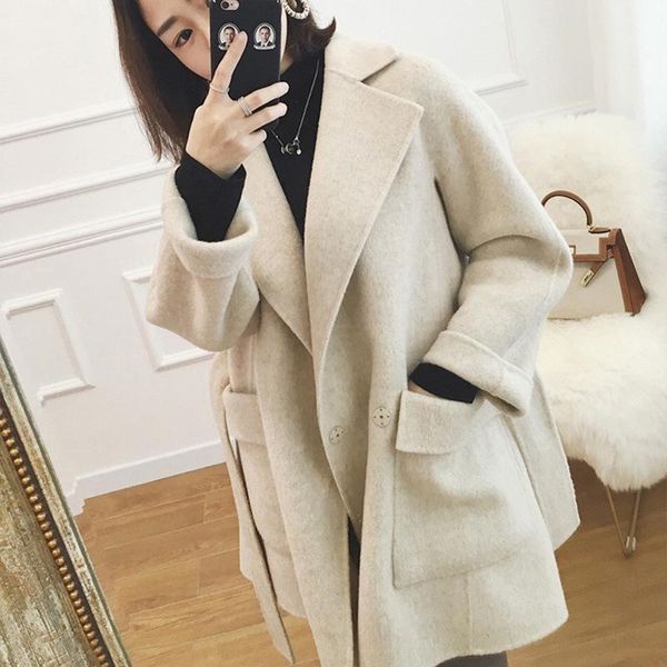 

solid fashion woolen winter coats long single button wool coat and jacket pockets warm women winter coat wool 20201, Black