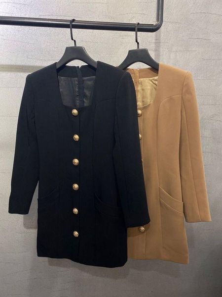 

early autumn new style square neck long sleeve side pockets long row buttons slim dress, Black
