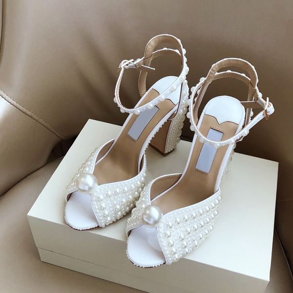 

chunky heel sandals luxury designer big pearl womens dress shoe .5cm high heeled dinner wedding party women shoes genuine leather sole san, Black