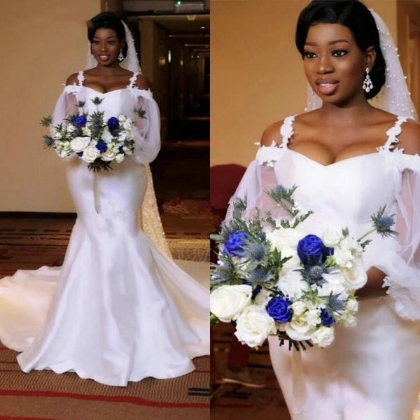

2021 african pure white mermaid wedding dresses satin off shoulder long sleeves wedding gowns dubai arabic plus size bridal dress
