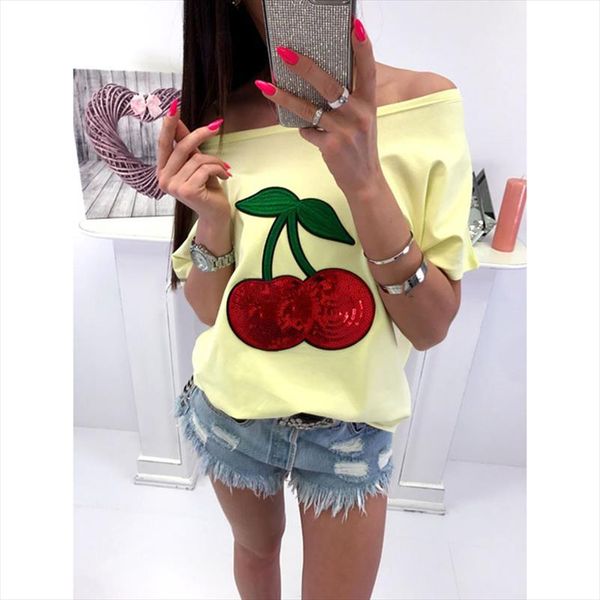 

summer off shoulder t shirt women t shirt sequin cherry applique shirts plus size 5xl tee shirt femme ws9079m, White