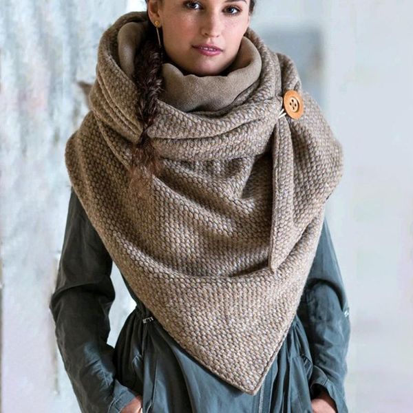

2020 new women scarf triangle winter warm scarves lady shawls and wraps knit blanket neck solid button decoration shawls wrap, Blue;gray