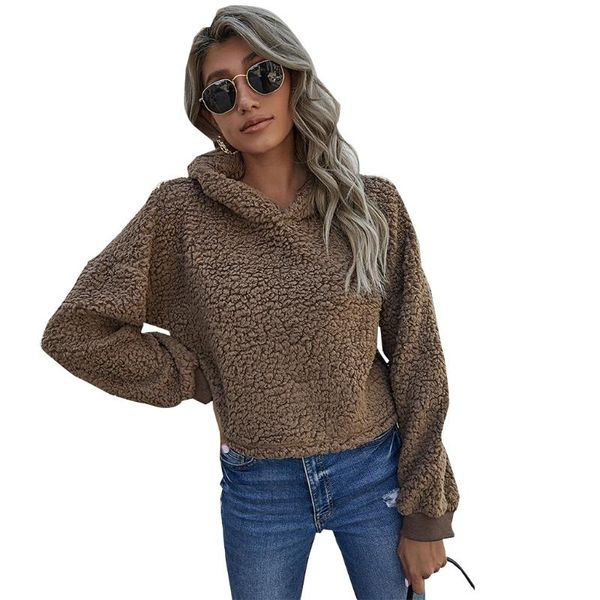 

women winter thicken warm faux fleece hoodies harajuku solid color pullover short crop long sleeve loose sweatshirt, Black
