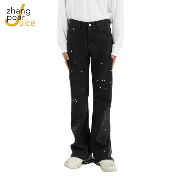 

men's jeans mens boot cut slightly flared loose black designer male printed denim trouser pants streetwear, Blue